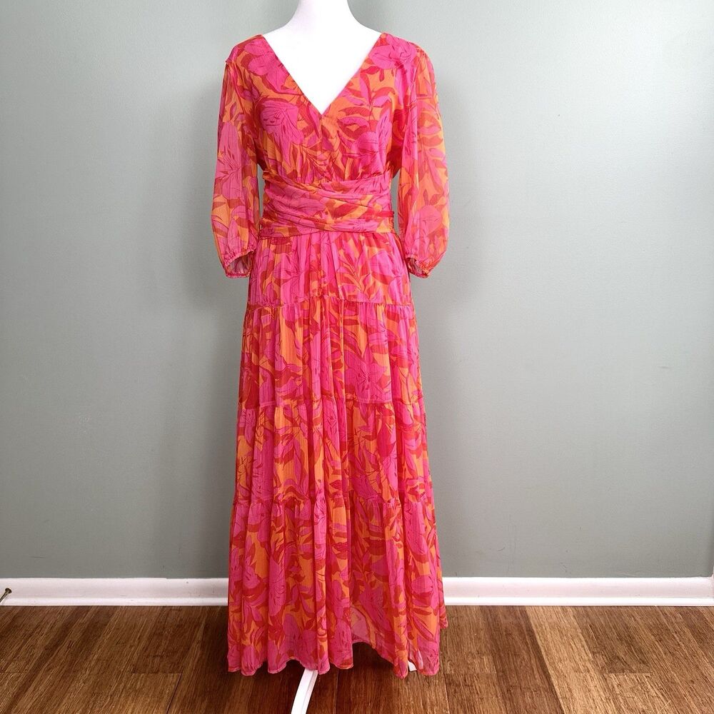 Gingham & Heels Maxi Dress Womens 12 Sheer Flowy Tiered Colorful Cottage Resort